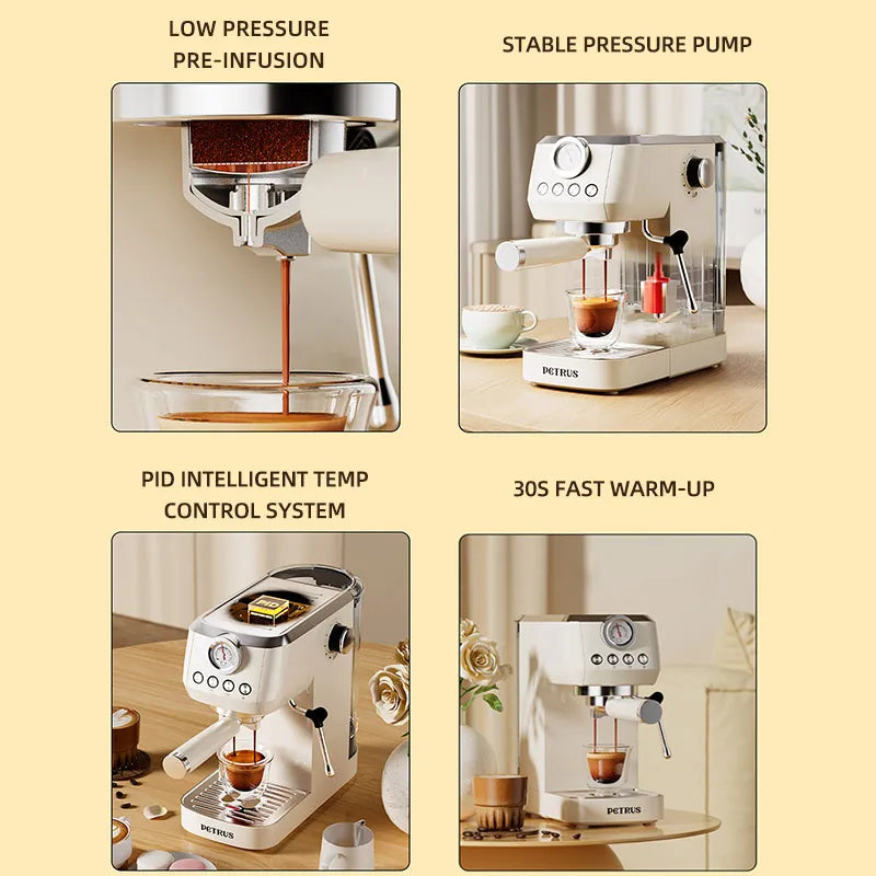 Petrus Coffee Machine 20 Bar Espresso Coffee Maker Milk Frother Steam Wand For Cappuccino Metal Body Automatic Extraction