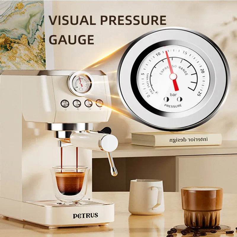 Petrus Coffee Machine 20 Bar Espresso Coffee Maker Milk Frother Steam Wand For Cappuccino Metal Body Automatic Extraction
