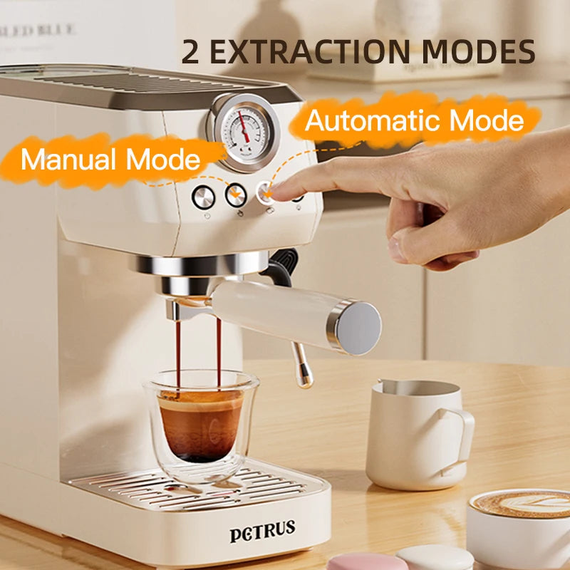 Petrus Coffee Machine 20 Bar Espresso Coffee Maker Milk Frother Steam Wand For Cappuccino Metal Body Automatic Extraction