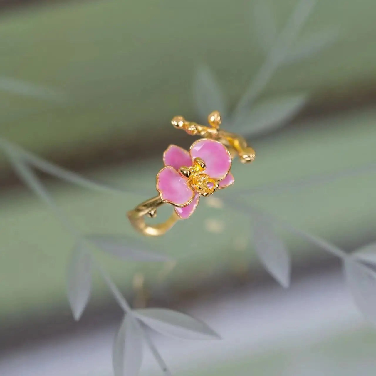 Adjustable Gold Plated Pink Moth Orchid  Ring