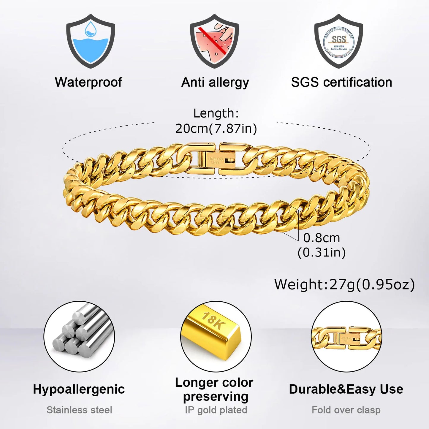 Stainless Steel Cuban Chain Bracelets for Men,